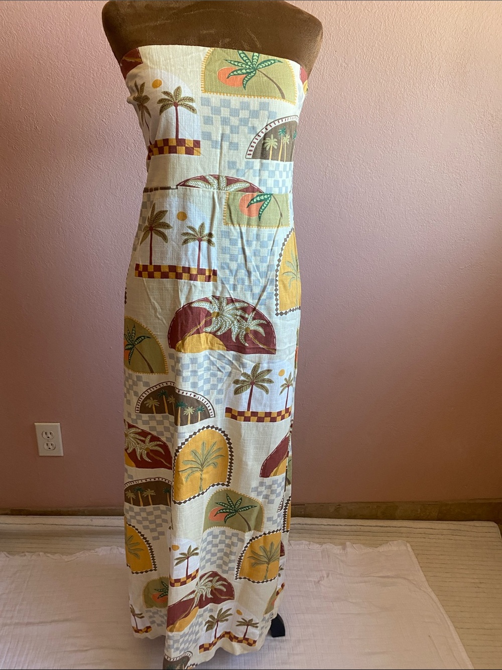 PAPER HERART Strapless Tropical-Print Maxi Dress in Cream and Mustard